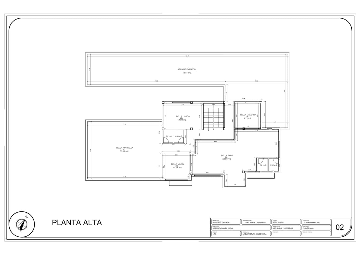 Plano de planta alta de Bella Nonna con los locales y el &aacute;rea de eventos
